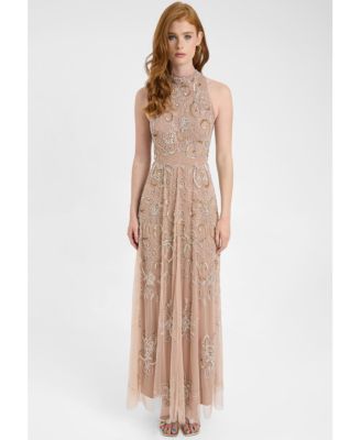 Women's Embellished Sequin Beaded Maxi Dress With High Neckline With Sleeveless Design