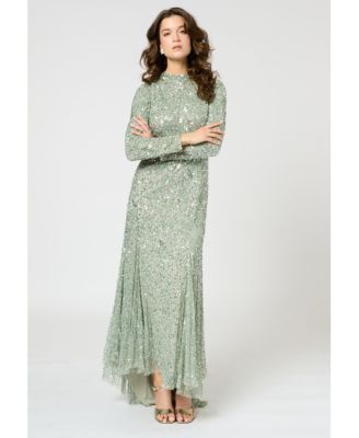 Women's Modest Embellished Sequin Beaded Maxi Trail Dress