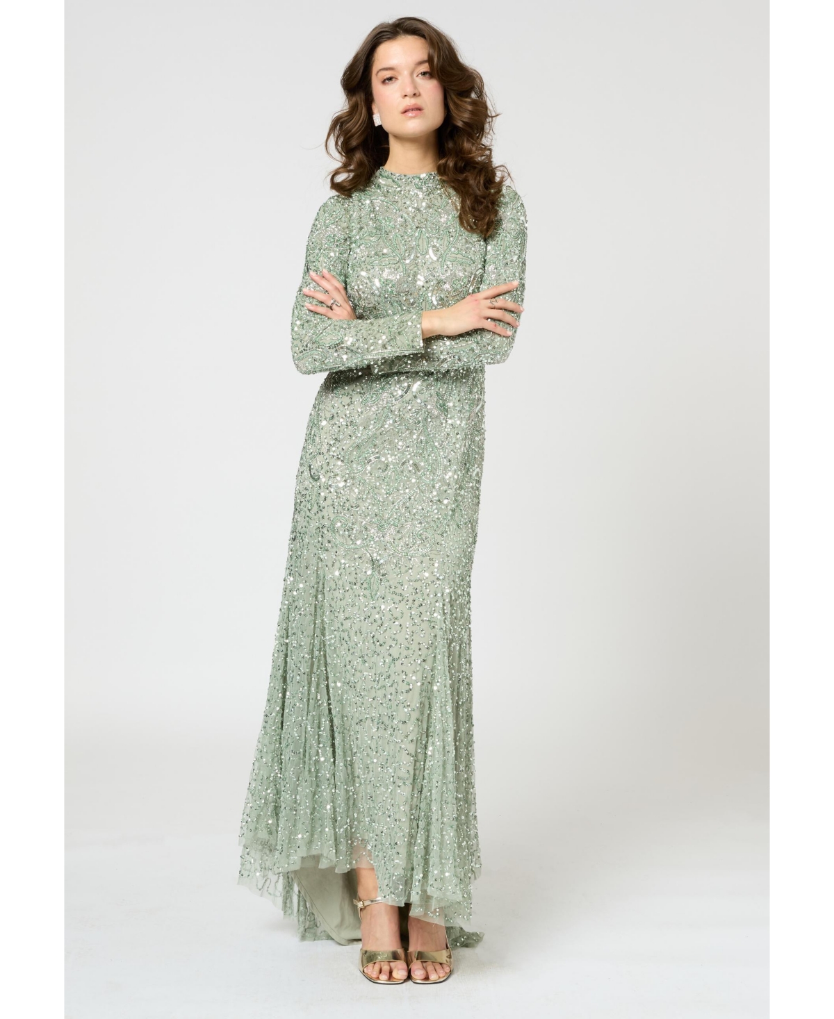 Maryisa Women's Modest Embellished Sequin Beaded Maxi Trail Dress