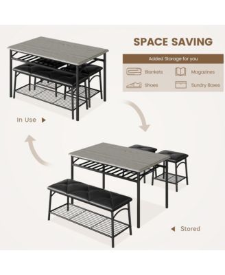 Dining Table Set for 4 with Benche/Stools Kitchen Table Set with Storage Shelves Dining Table Set