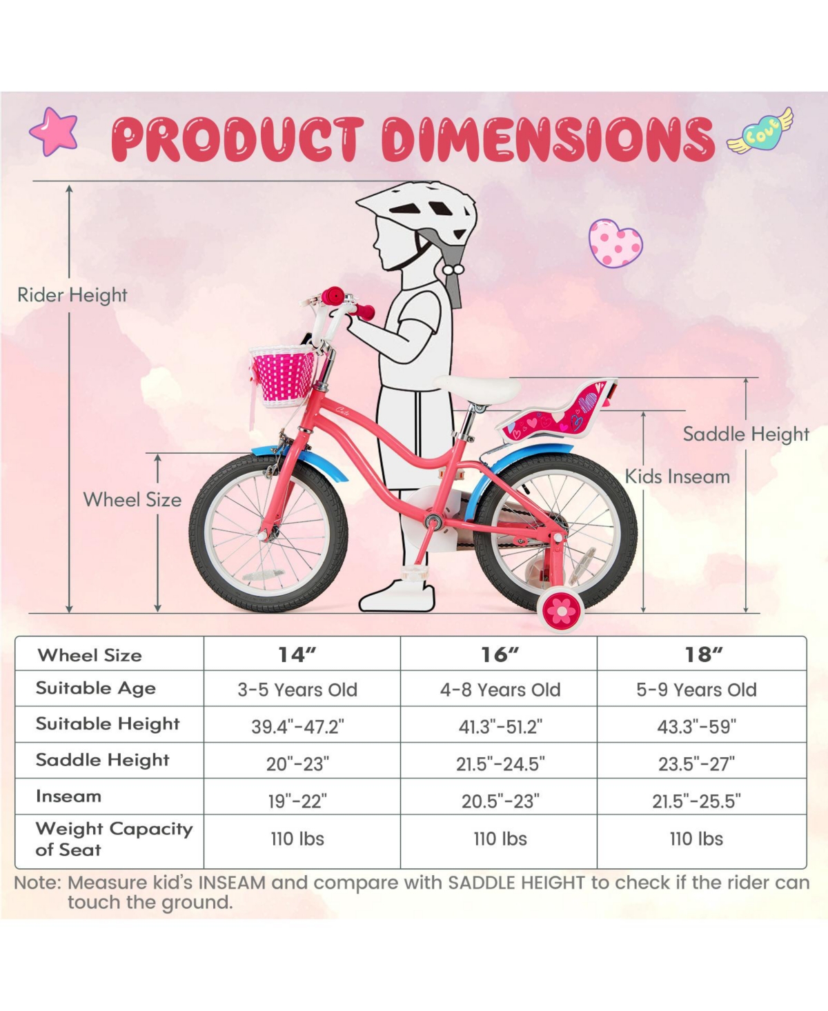 Hongge 16-Inch Girls Bike with Training Wheels, Basket, and Adjustable Seat - Pink