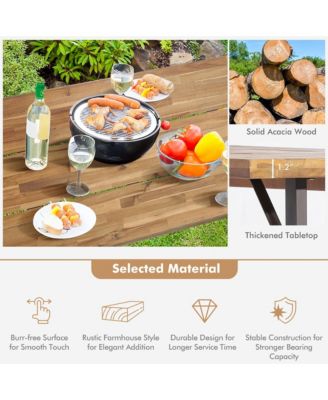 3 PCS Outdoor Acacia Wood Patio Dining Table Bench Set with 2'' Umbrella Hole