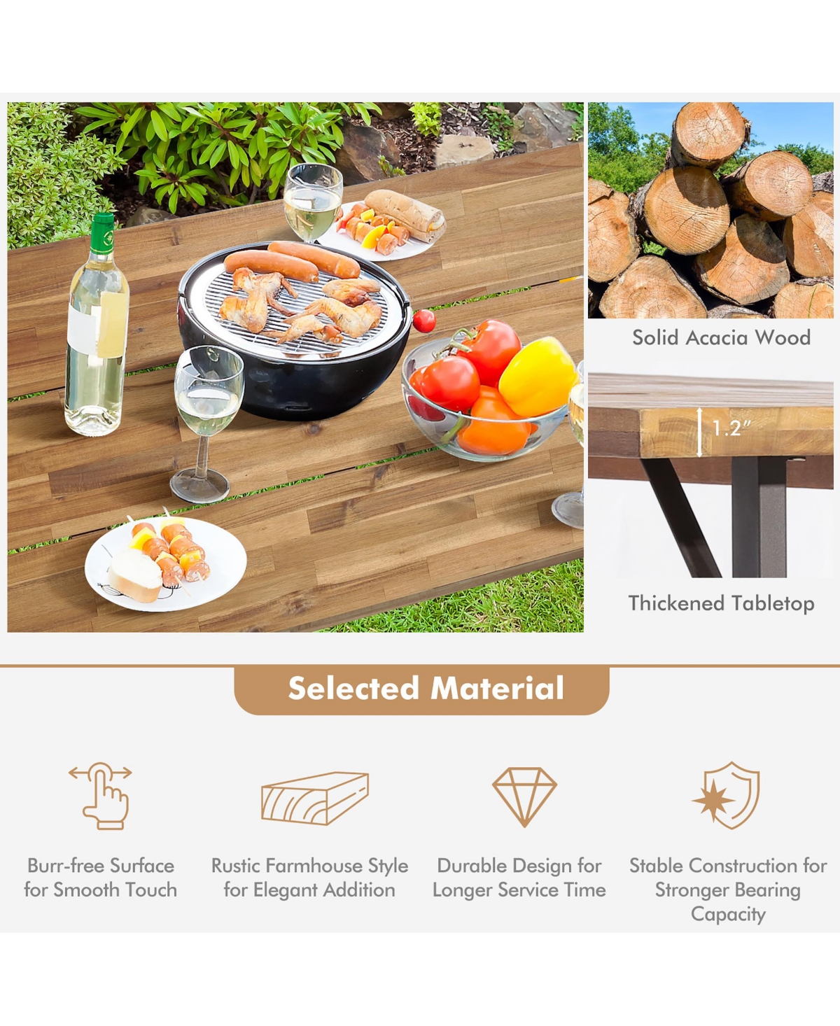 Costway 3 Pcs Outdoor Acacia Wood Patio Dining Table Bench Set with 2'' Umbrella Hole