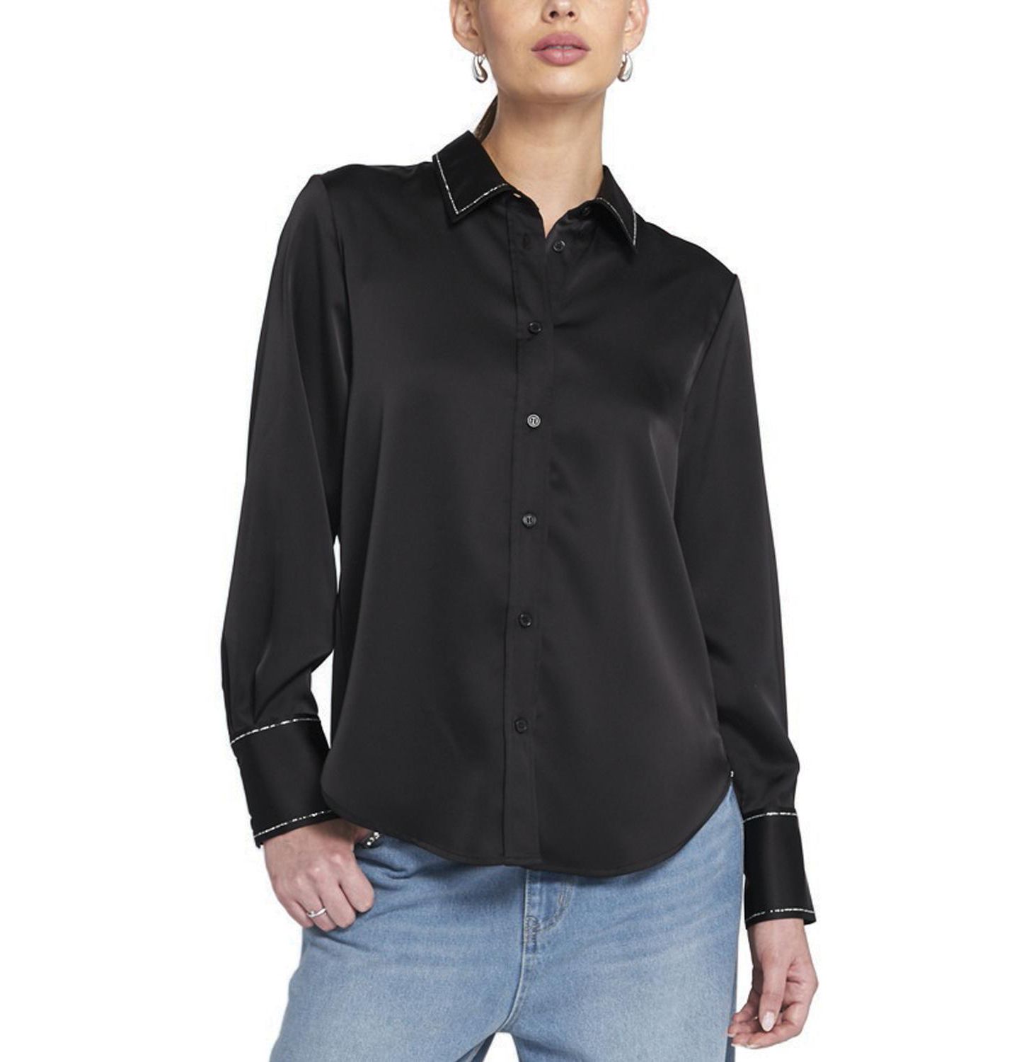 Женская рубашка ELLE Collection Sparkle Trim Satin Shirt Button Down Top, цвет: Чёрный — фото 1