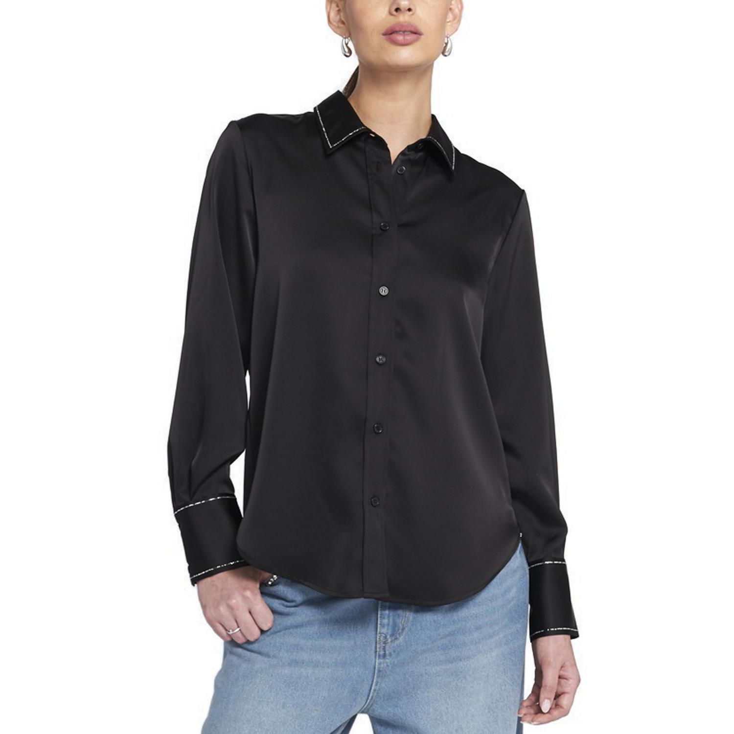 Women's Sparkle Trim Satin Shirt Button Down Top