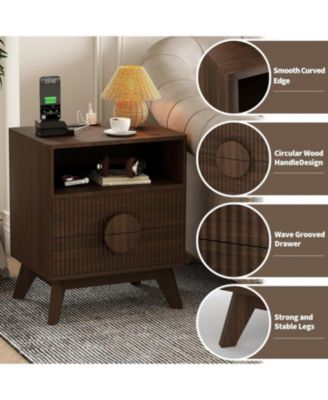 Modern Fluted Night Stand, Bedroom Nightstand with USB Charging Station, Wood Fluted Bedside Table with 2 Drawers, 1pcs