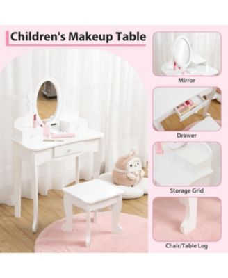 Adjustable Mirror Kids Vanity Set with Stool and Storage Drawers – Wooden Princess Makeup Dressing Table for Ages 4–9