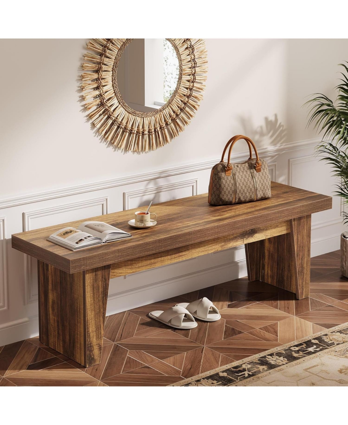 Tribesigns 55" Wooden Entryway Bench, Farmhouse Long Entry Seat, Indoor End of Bed Stool