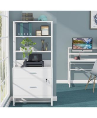 2 Drawer Vertical File Cabinet with Lock & Bookshelf, Letter Size Large Modern Filing Cabinet Printer Stand with Open Storage Shelves