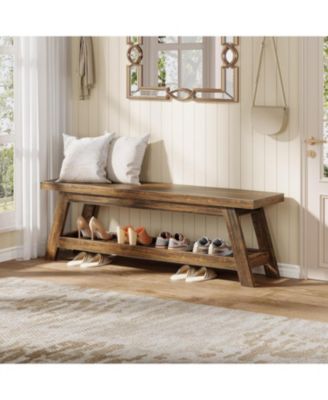 55" Wood Entryway Bench with Shoe Storage, Large 2-Tier Narrow Hallway Foyer Seating Bench