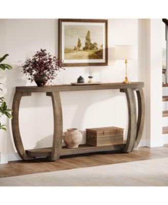 Farmhouse Wooden Console Table with Open Shelf, 63-Inch Long Sofa Entryway Table with Curved Legs for Living Room, Hallway, Entrance