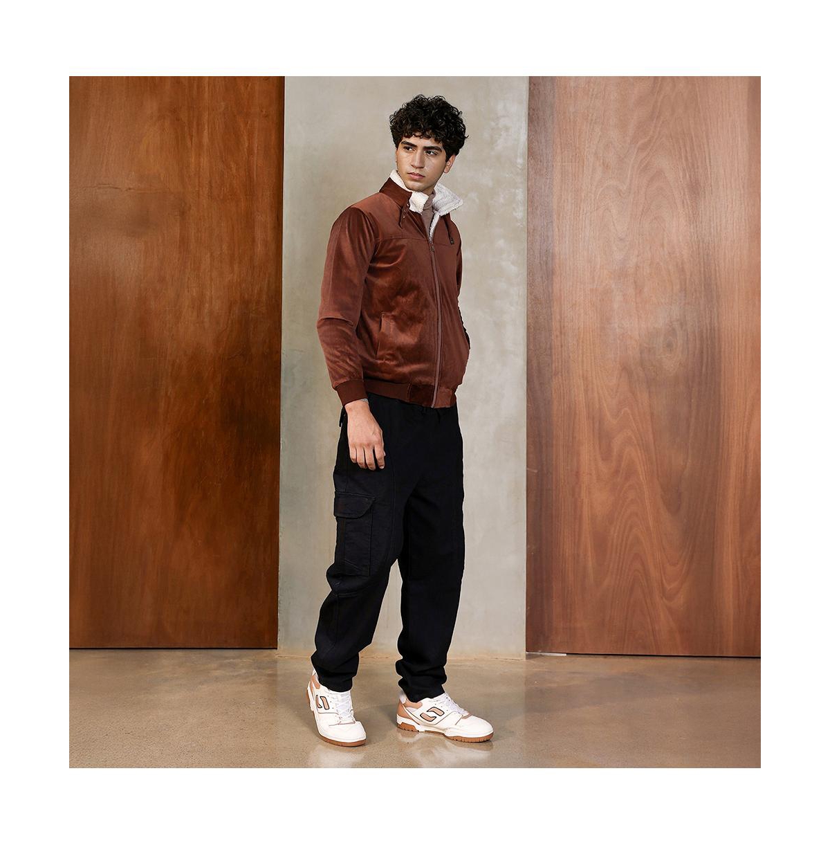 Campus Sutra Men's Contrast Sherpa-Lined Suede Bomber Jacket