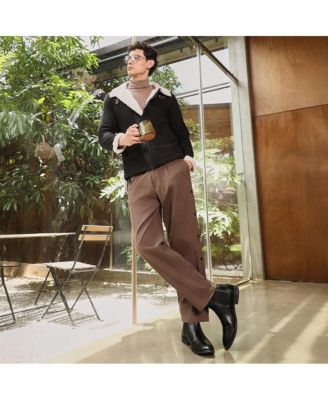 Men's Midnight Black Contrast Sherpa-Lined Suede Rider Jacket