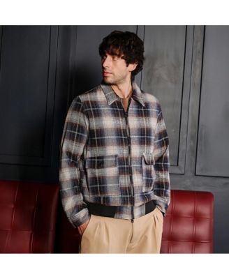 Men's Navy Blue Zip-Front Plaid Jacket