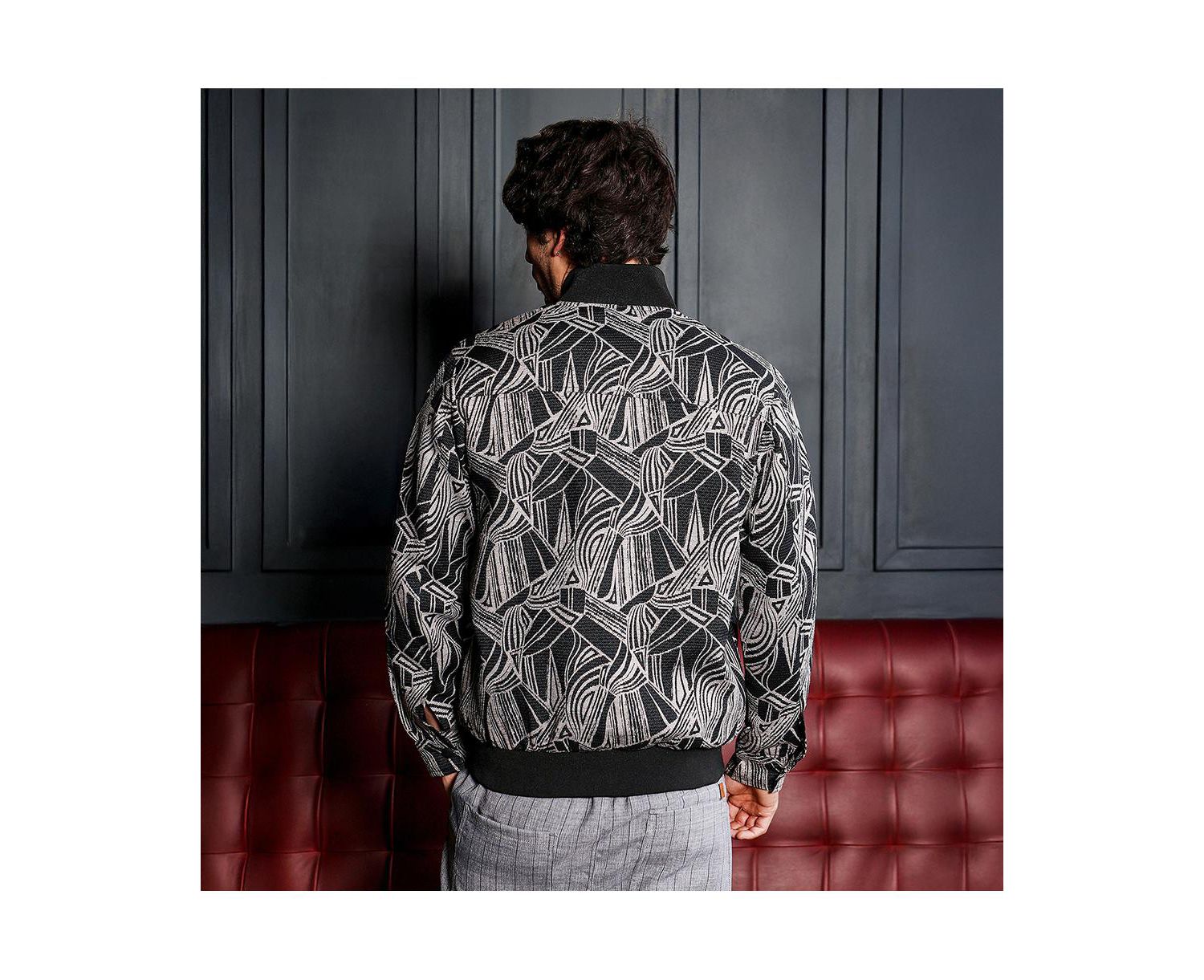 Men's Midnight Black Stroke-Jacquard Bomber Jacket