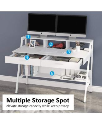 White Computer Desk with Storage Shelf & Drawers, Modern 47 inch Office Writing Desk Study Table with Monitor Stand