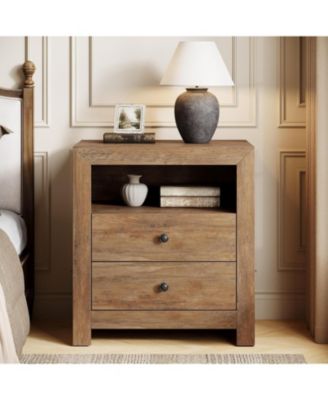 Farmhouse Nightstand with 2 Storage Drawers, Rustic Nightstand Table with Open Shelf, End Side Table, Rustic