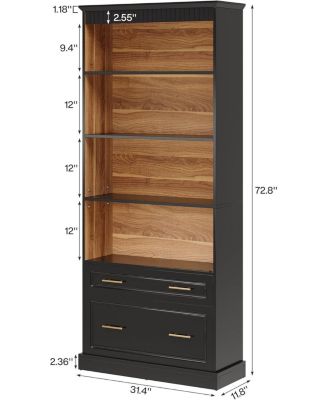 72" White 5-Shelf Bookcase with Drawers – Modern freestanding wood bookshelf for display and storage