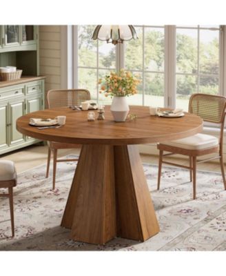 Round Dining Table for 4, Circle Kitchen Table with Pedestal Base, Walnut Brown