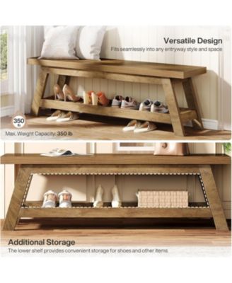 55" Wood Entryway Bench with Shoe Storage, Large 2-Tier Narrow Hallway Foyer Seating Bench