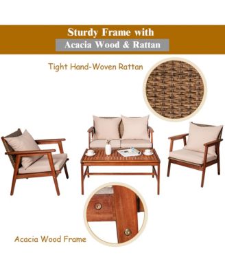 4PCS Outdoor Rattan Furniture Set Acacia Wood Table Cushioned Sofa Chair Garden