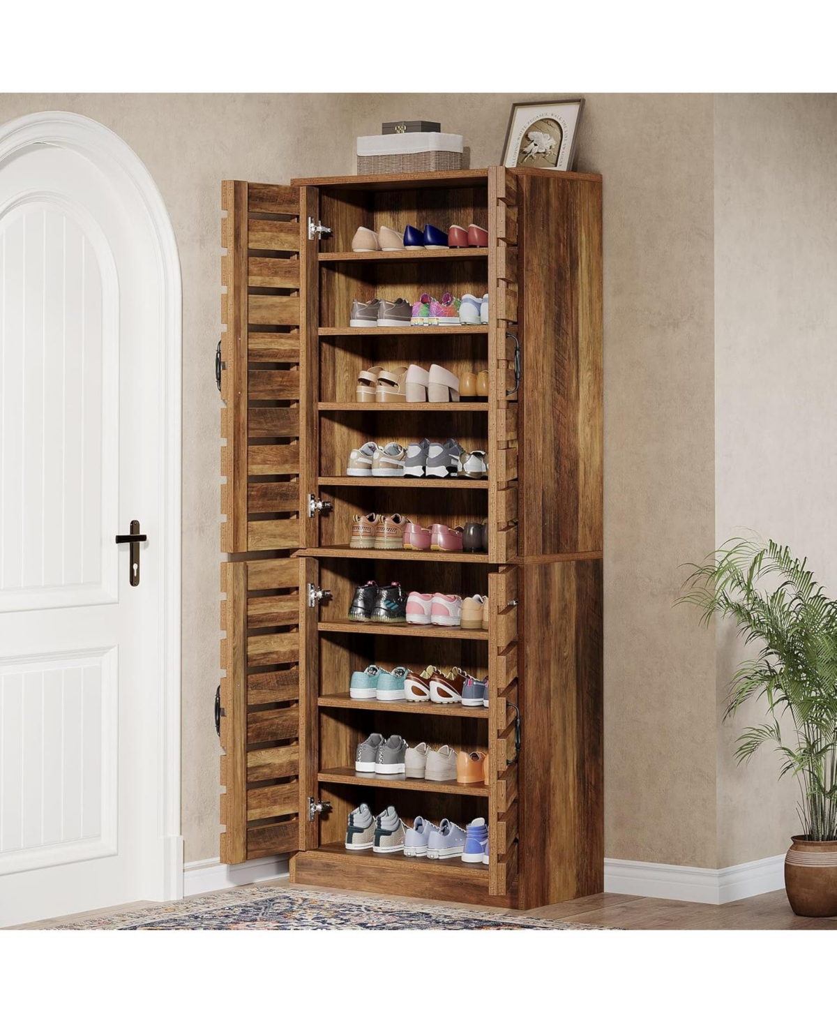 Tribesigns 70.8" Rustic Brown Wood Shoe Cabinet with Shutter Doors & Adjustable Shelves