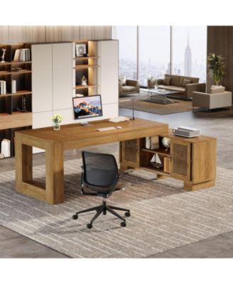63-Inch L-Shaped Wood Executive Desk with Storage Cabinets & 2-Tier Shelf, Modern Business Workstation