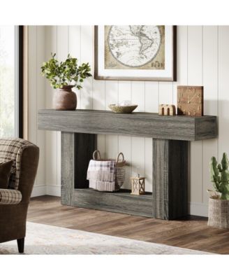 63-Inch Farmhouse Wood Console Table with U-Shaped Base, 2-Tier Narrow Sofa Table for Entryway & Living Room