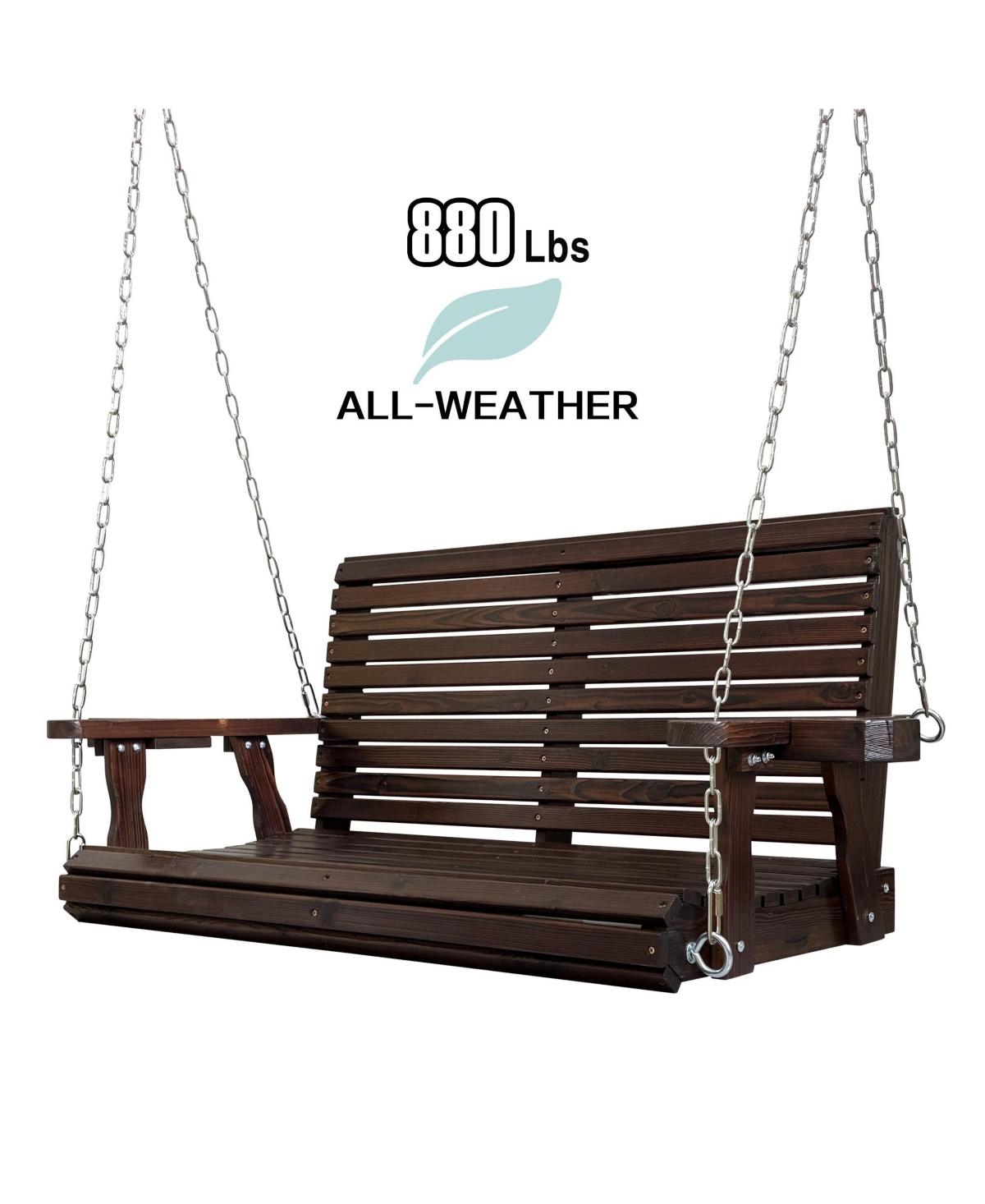 Wooden Porch Swing 2-Seater, Bench Swing with Cupholders, Hanging Chains and 7mm Springs, Heavy Duty 800 Lbs, for Outdoor Patio Garden Yard, 4 ft