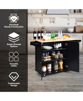 Drop-Leaf Kitchen Island Trolley Cart Wood Storage Cabinet w/ Spice Rack