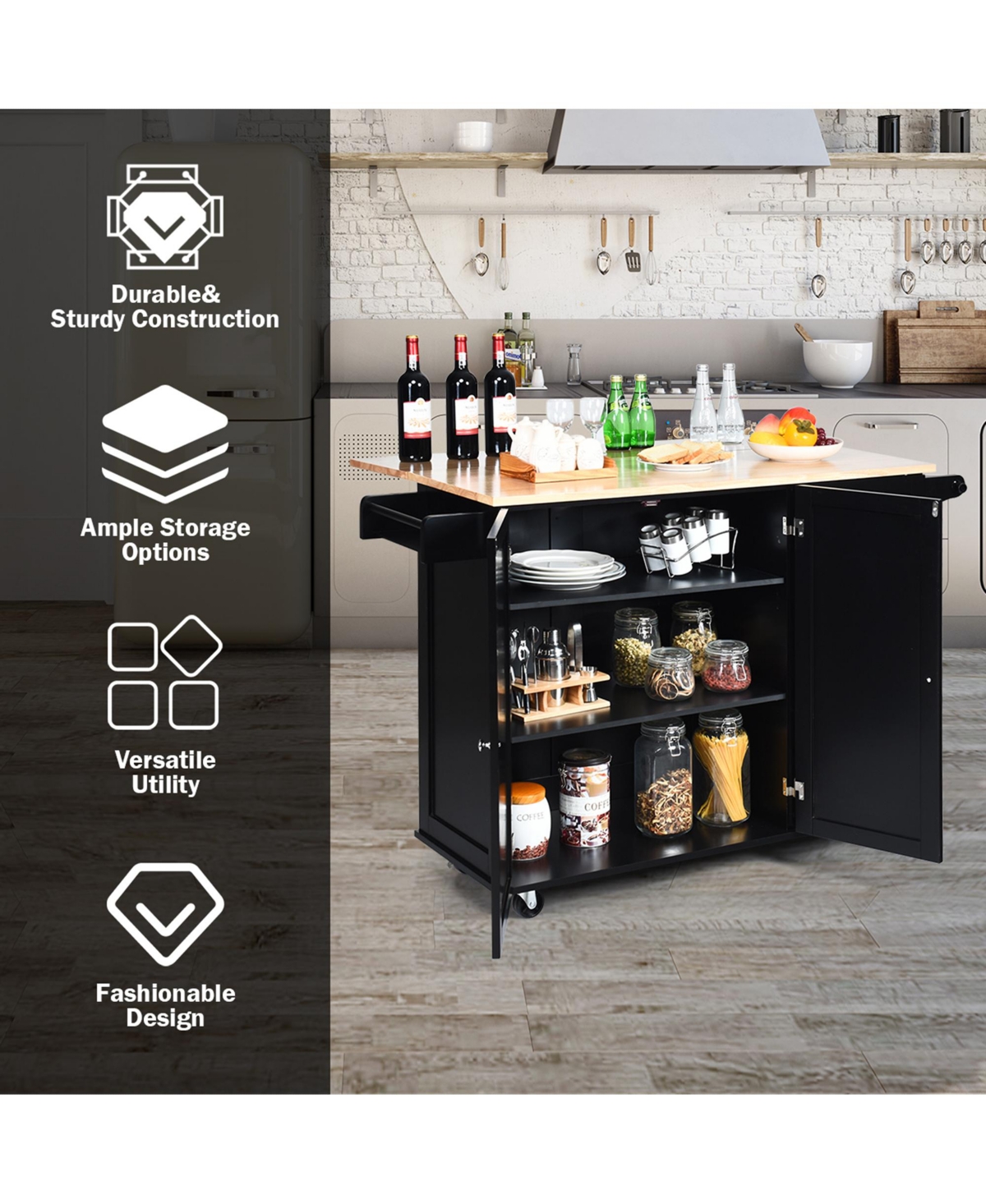 Gymax Drop-Leaf Kitchen Island Trolley Cart Wood Storage Cabinet w/ Spice Rack