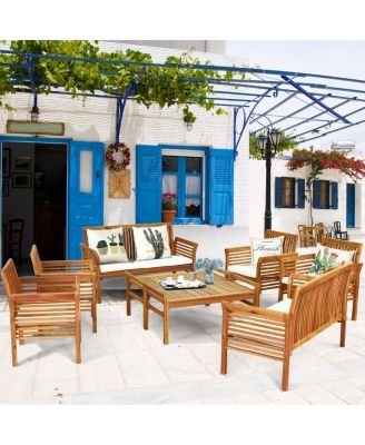 8 PCS Outdoor Acacia Wood Sofa Furniture Set Cushioned Chair Coffee Table Garden