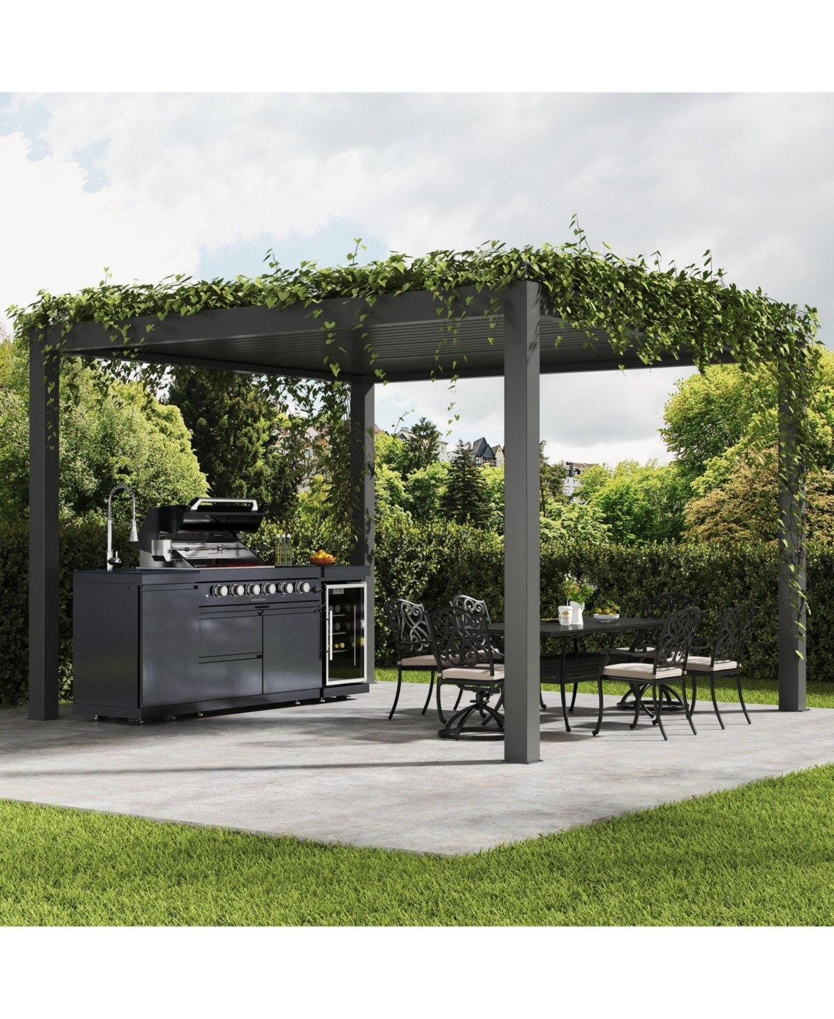 Mondawe 46" 4-Burner Gas Grill Outdoor Kitchen with Fridge, Rotisserie & Granite Counter