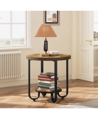 Round End Table with 2-Tier Storage Shelf, Industrial Side Table with Curved Metal Legs
