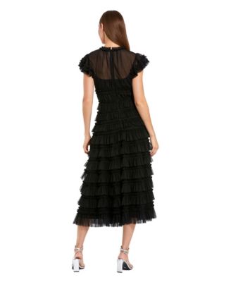Women's Ruffle High Neck Cap Sleeve Midi Dress