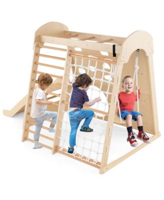 8-in-1 Indoor Jungle Gym Wooden Playground with Climbing Wall, Net, Ladder