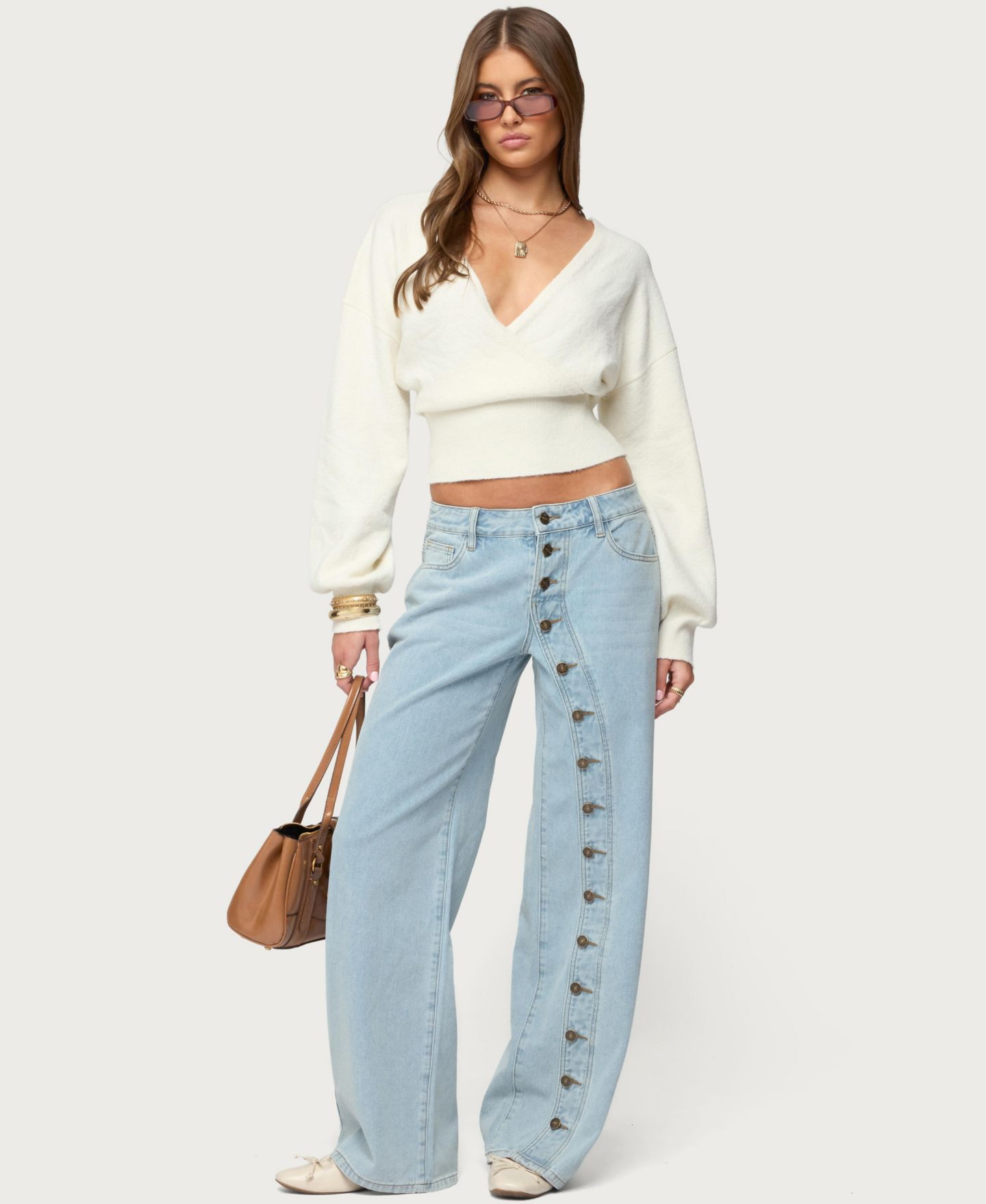 Женские джинсы Edikted Adison Button Low Rise Baggy, цвет: Светлый синий — фото 5