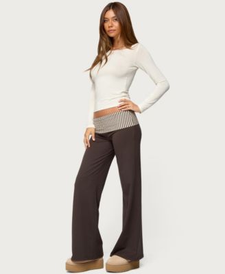 Women's Meshey Striped Fold Over Pants