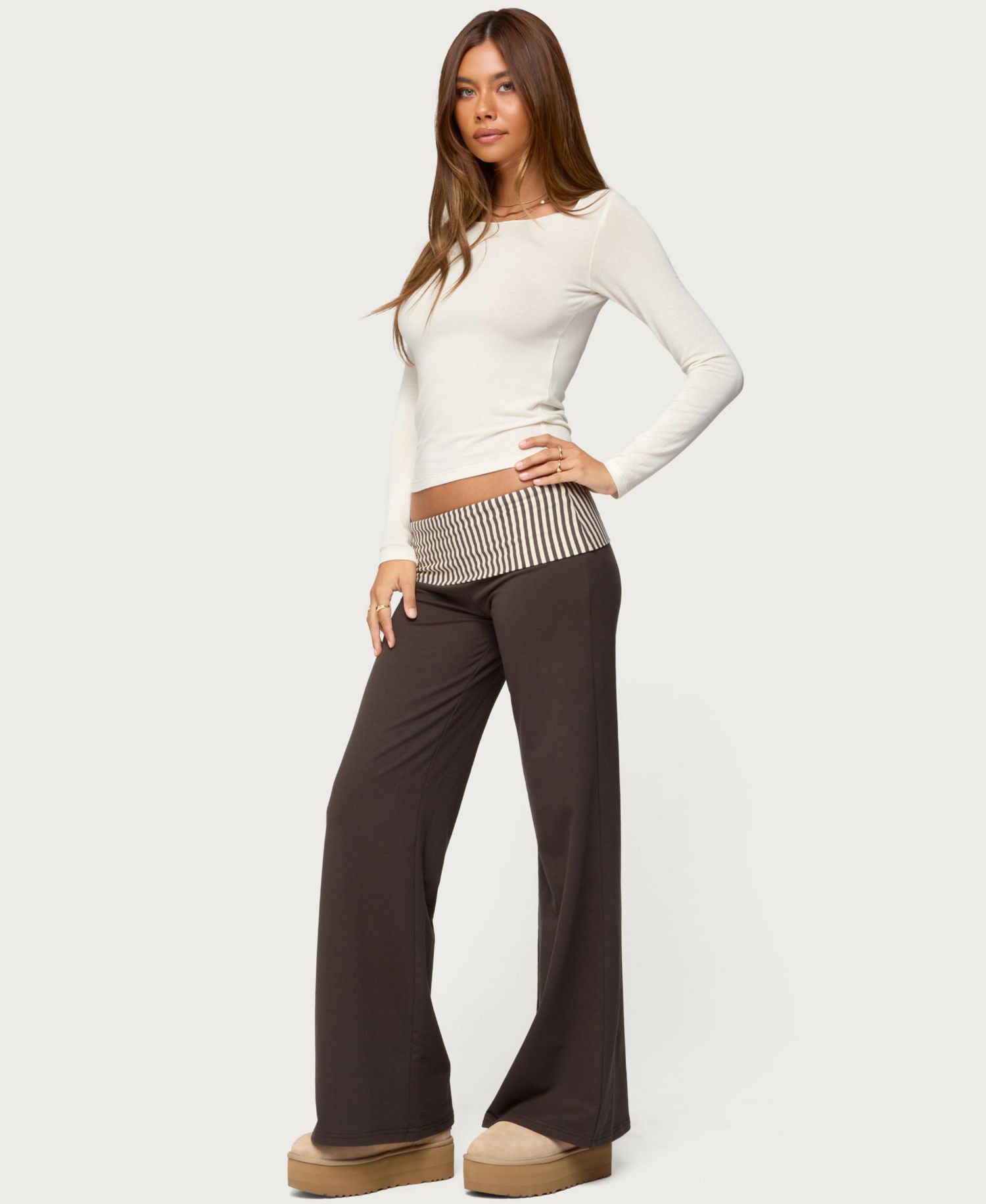 Women's Meshey Striped Foldover Pants