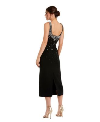 Women's Beaded Crepe Scoop Neck Sleeveless Midi Dress