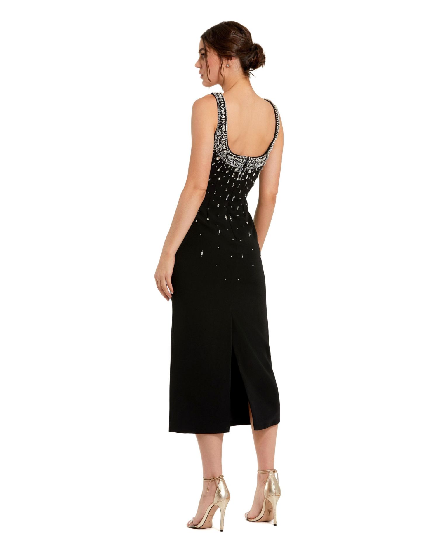 Women's Beaded Crepe Scoop Neck Sleeveless Midi Dress