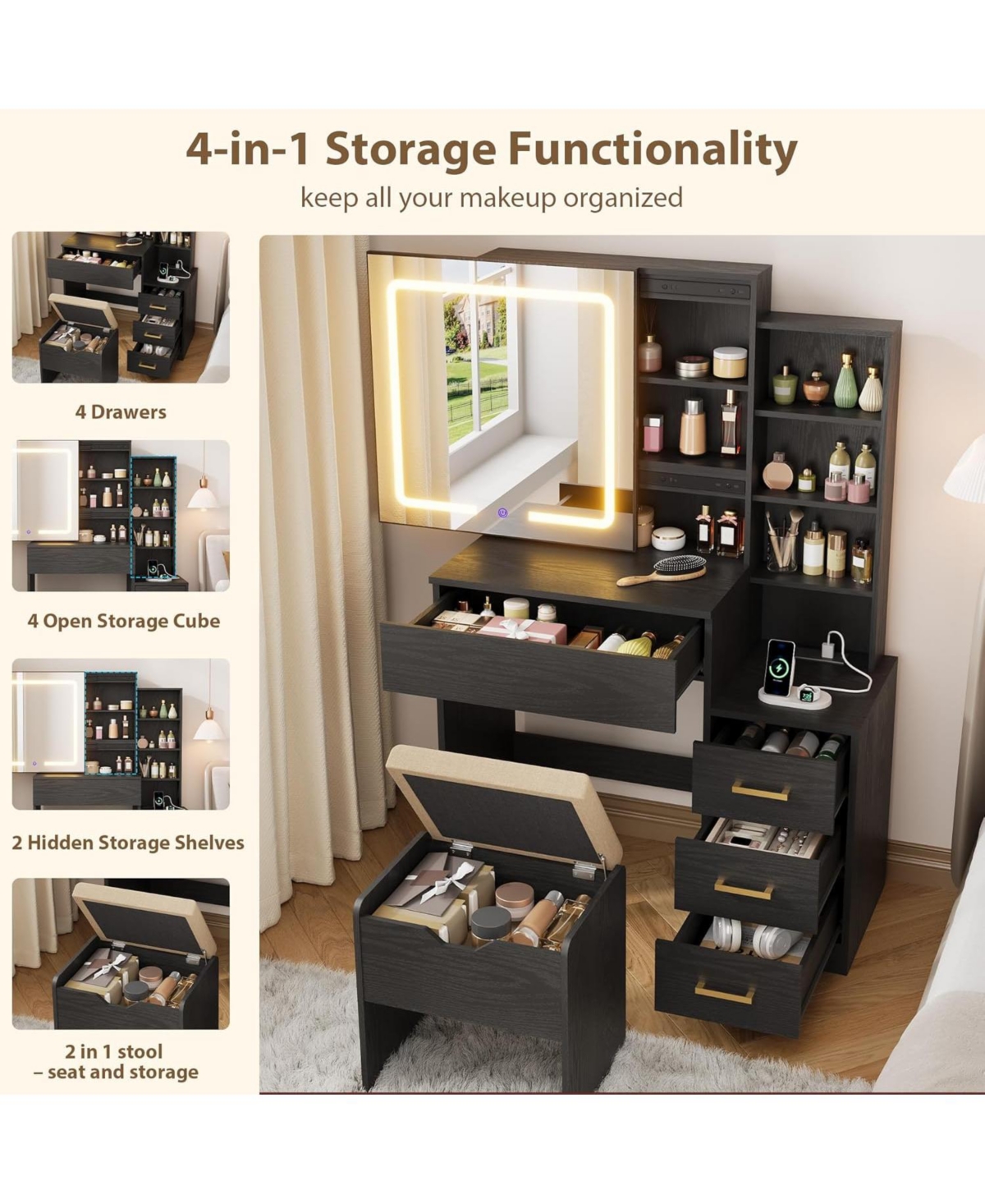 Gaomon Vanity Desk with Sliding Mirror & Lights, 4 Drawers, 7 Shelves, Charging Station, Stool Included, 3 Lighting Modes, Modern Makeup