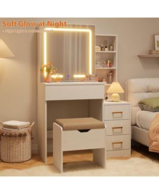 Vanity Desk with Sliding Mirror & Lights, 4 Drawers, 7 Shelves, Charging Station, Stool Included, 3 Lighting Modes, Modern Makeup Vanity
