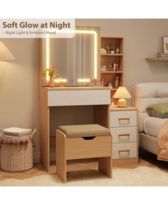 Vanity Desk with Sliding Mirror & Lights, 4 Drawers, 7 Shelves, Charging Station, Stool Included, 3 Lighting Modes, Modern Makeup Vanity