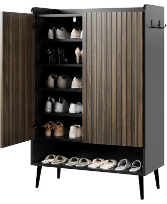 Large 6-Tier Shoe Cabinet with 2 Doors, Handleless Shoe Organizer with Hooks, Freestanding Entryway Storage Cabinet