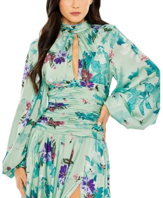 Women's Keyhole Satin Long Sleeve Floral Gown