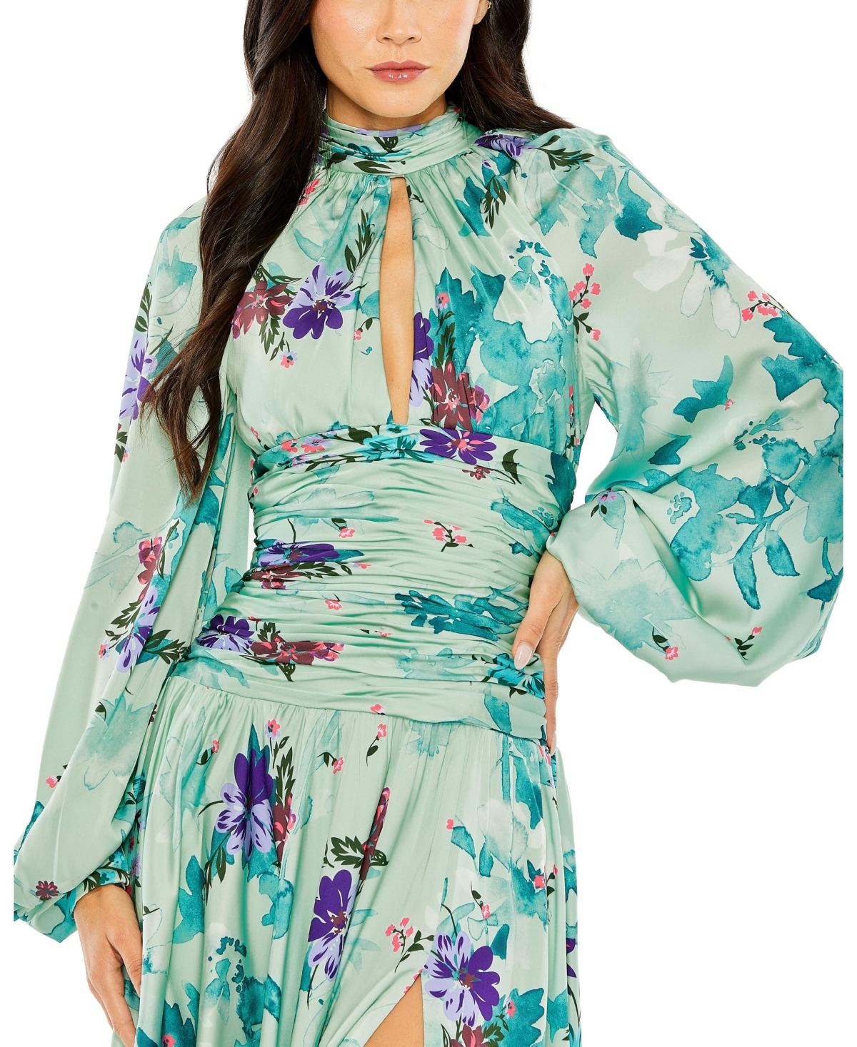 Mac Duggal Women's Keyhole Satin Long Sleeve Floral Gown