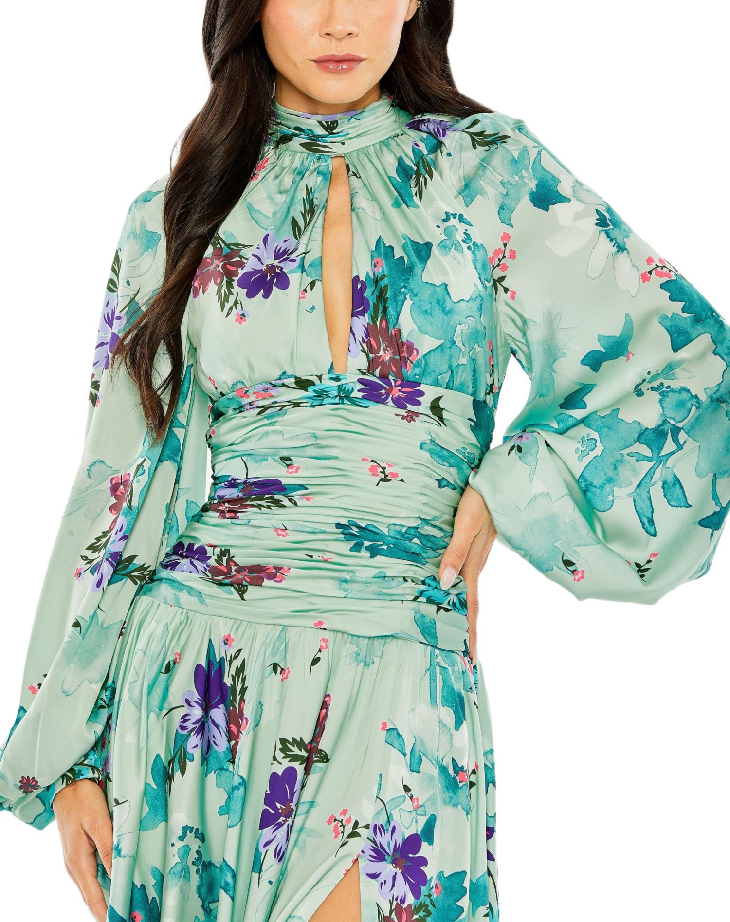 Women's Keyhole Satin Long Sleeve Floral Gown