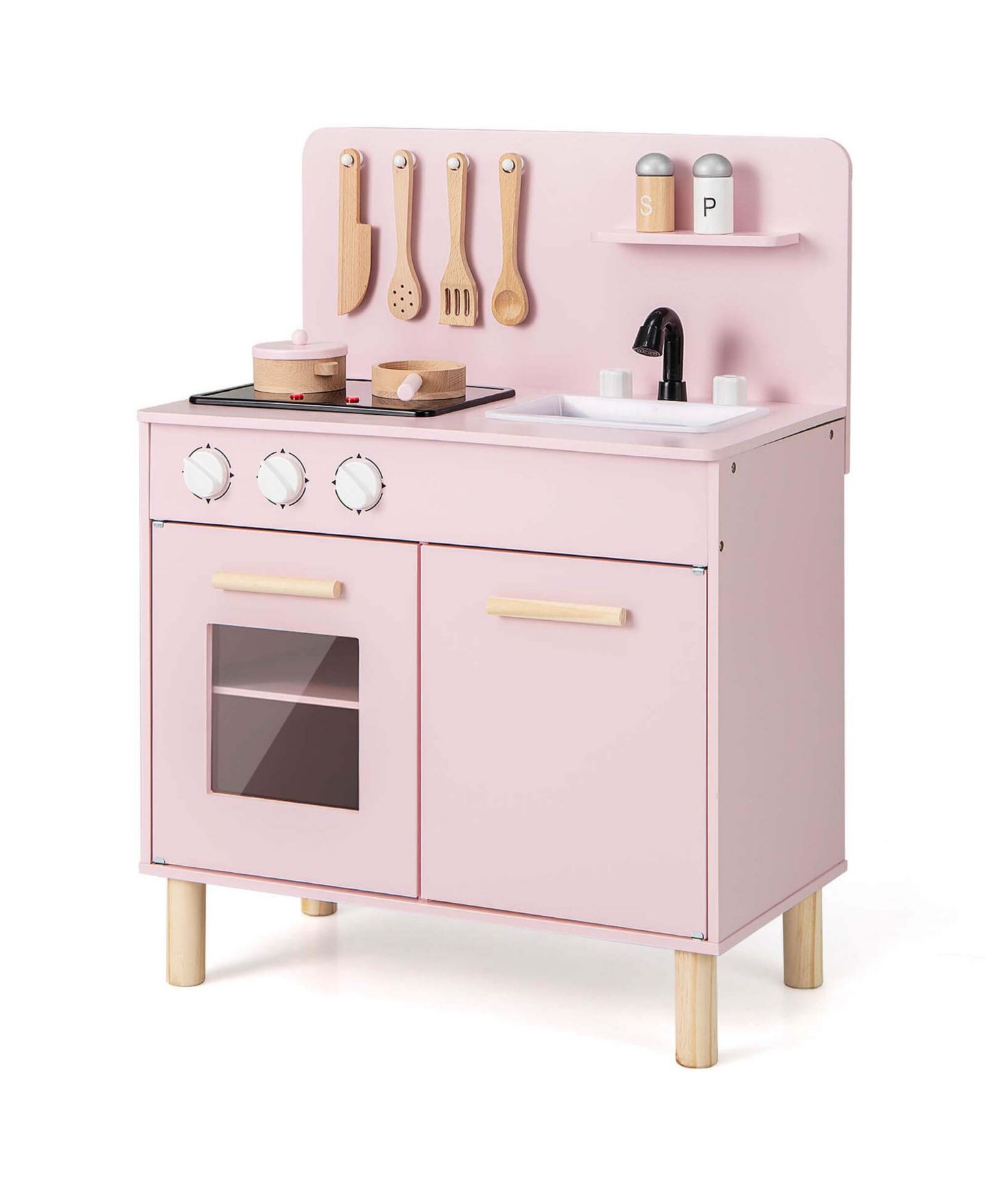 Детский игровой набор Costway Light-Up Cooking Sounds Wooden Kids Kitchen Playset, от 3 лет, цвет: Розовый — фото 1