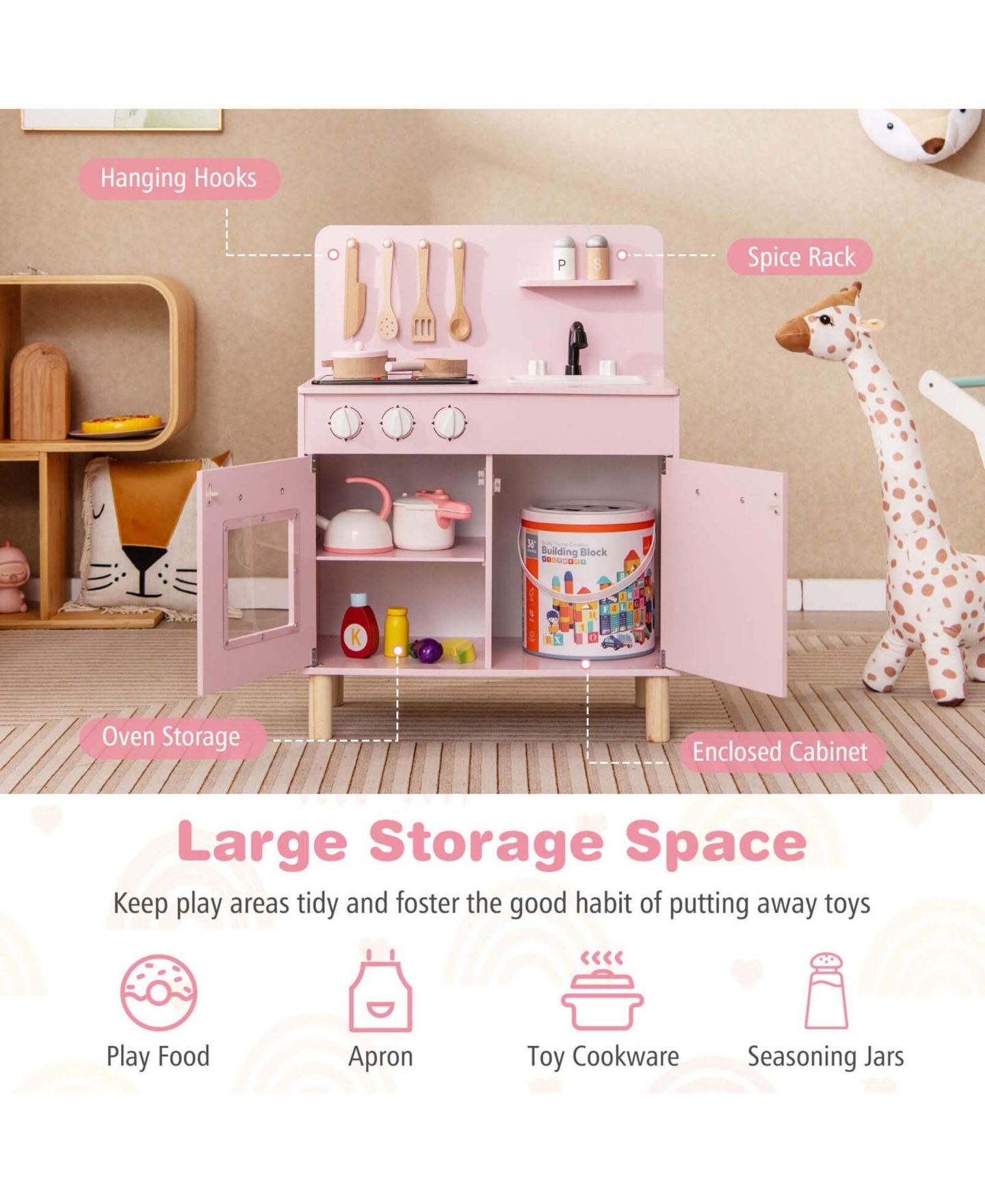 Детский игровой набор Costway Light-Up Cooking Sounds Wooden Kids Kitchen Playset, от 3 лет, цвет: Розовый — фото 10